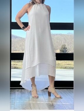 Beachy Boho Flowy Daisy Trimmed Collar Hi Low Gauzy Maxi Dress